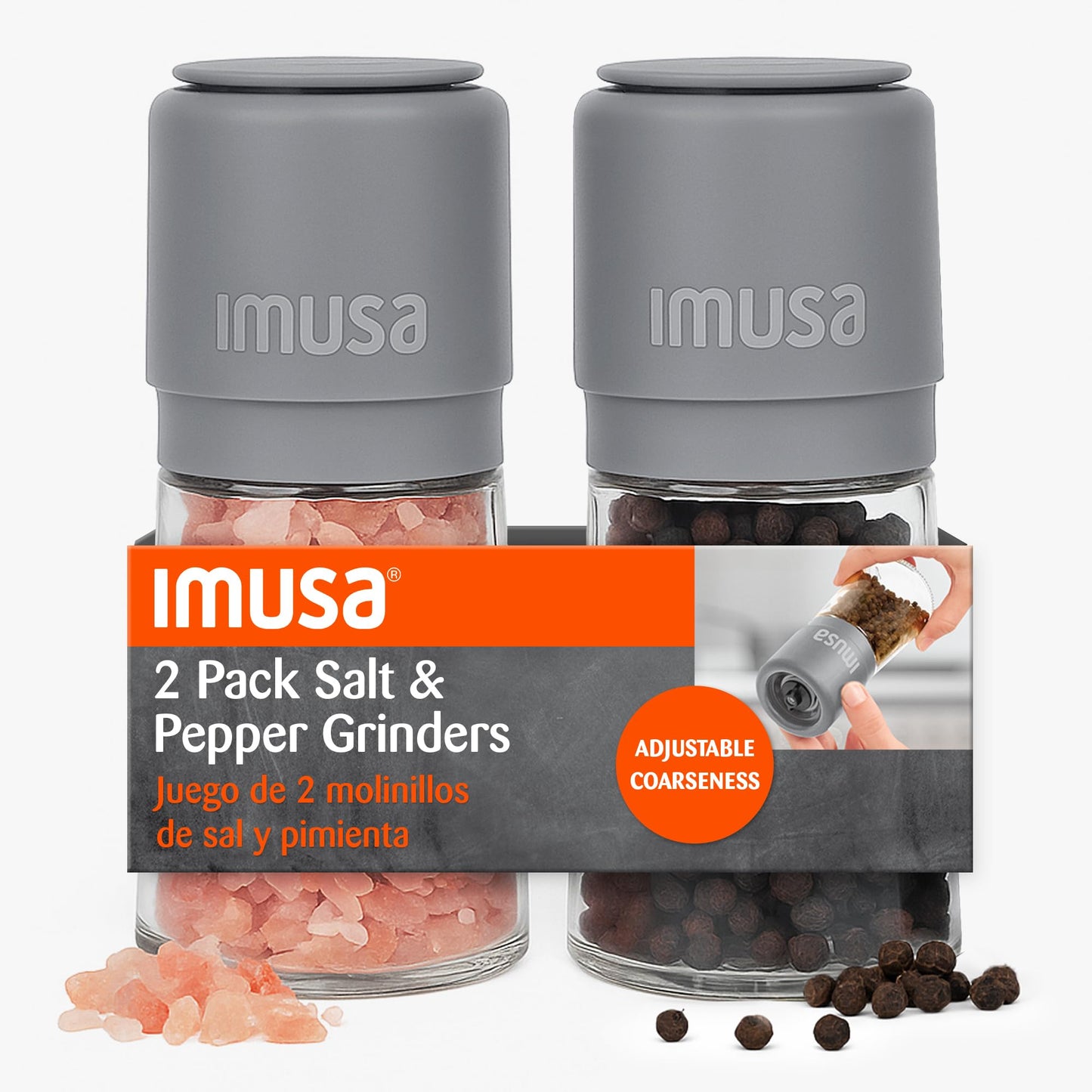 IMUSA Salt and Pepper Grinder Set – 2-Pack Manual Salt Grinder & Pepper Mill with Adjustable Ceramic Grinder for Coarse to Fine Spices, 4oz, Refillable Glass Base, Easy-Grip Salt & Pepper Set