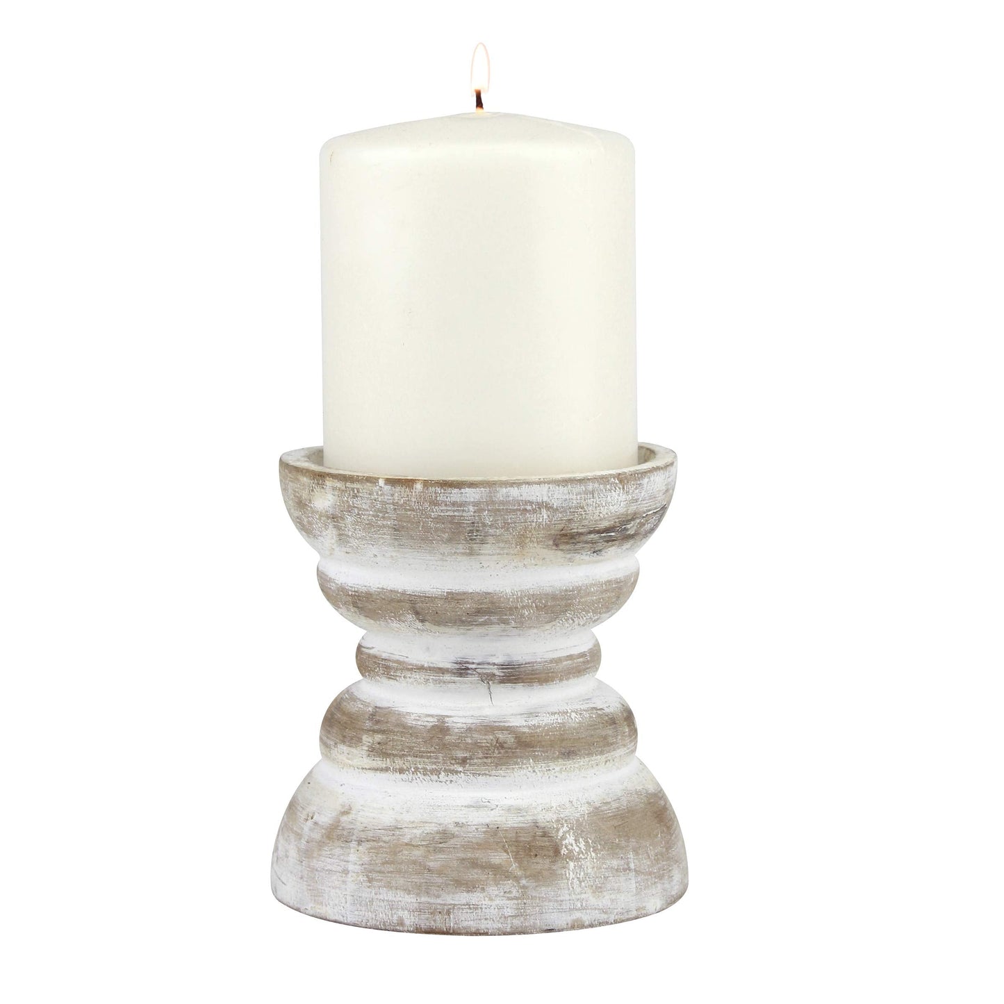 Stonebriar Antique White Wooden Pillar Candle Holders, Vintage Seaside Stand for Table Top, Medium and Small