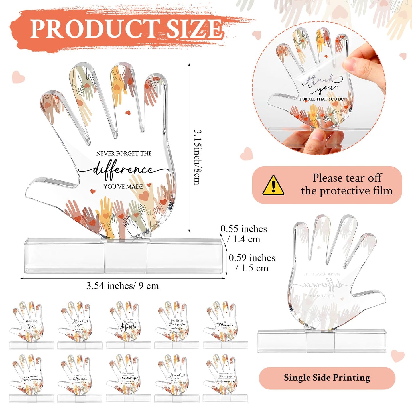 Juinte 10 Sets Volunteer Appreciation Gifts 10 Styles Acrylic Desk Sign with Thank You Cards for Volunteer Week Christmas Recognition Gifts Hand Shaped Plaques Desk Decor Accessories