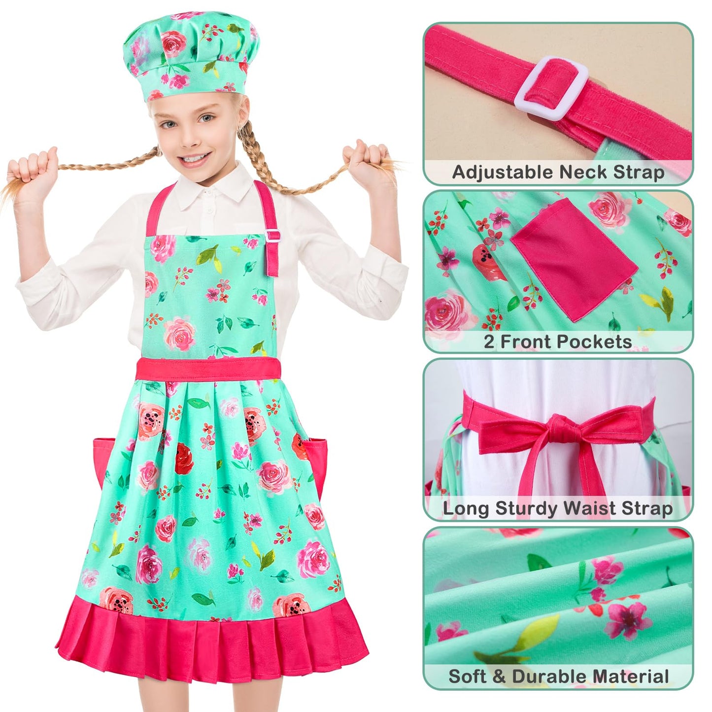 MHJY Kids Apron Hat Set for Girls Vintage Pleated Skirt Aprons with Adjustable Strap Pockets for Baking Cooking 8-12 Years