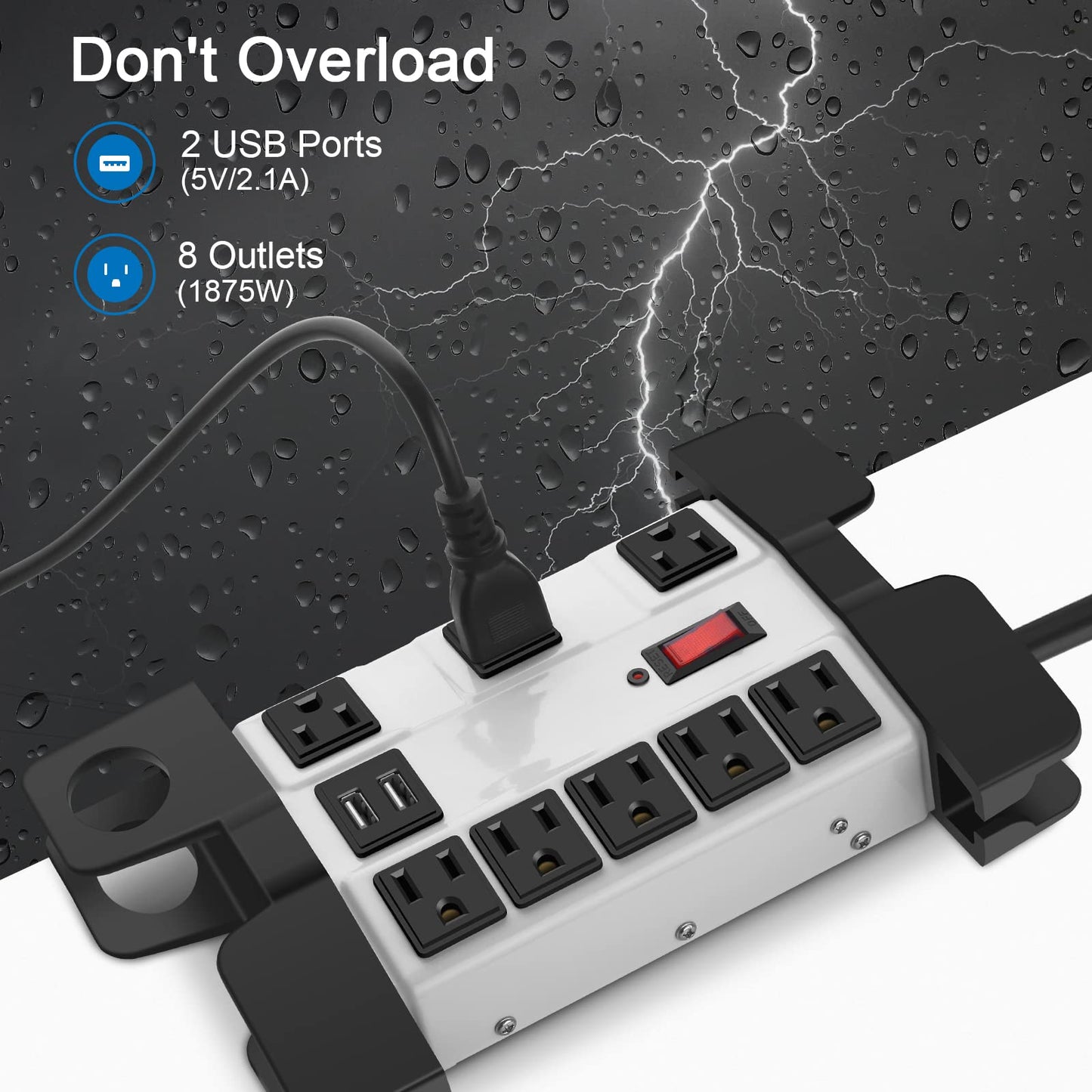 Heavy Duty Power Strip with USB, Workshop 8 Outlet Surge Protector 2700 Joules, Industrial Metal 15Amp Power Strip, 6FT Extension Cord and Wide Spaced. Yellow