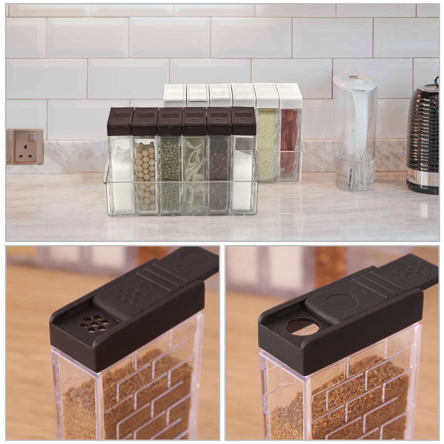 Jucaifu 6 Pcs Spice Shaker Jars, Salt and Pepper Shakers, Plastic Spice Dispenser, Salt Shakers, Seasoning Shaker Box, Condiment Set, spice containers (Brown)