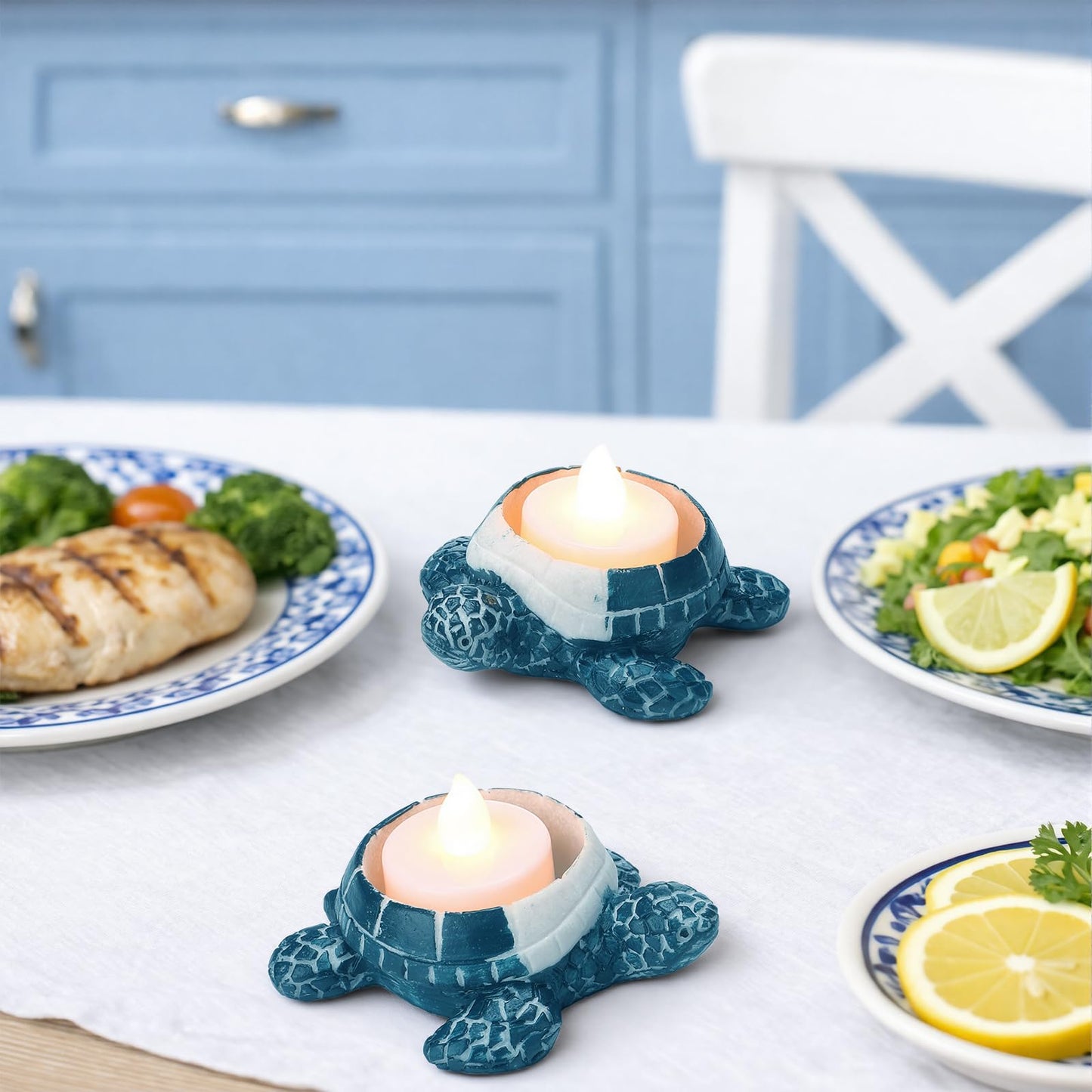 Reallnaive 2 Pcs Sea Turtle Tealight Candle Holder for Beach, Ocean Ceramic Turtle Candle Holder, Rustic Nautical Coastal Table Decor for Beach Bar Home Kitchen Housewarming Decor Gifts