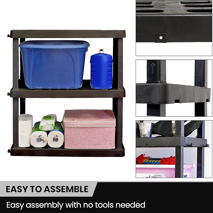 Oskar Heavy Duty Plastic Storage Shelves- for Garage, Kitchen, Bathroom Basement Kids Room, Stackable 3-Tier Black Organizer Rack for Books Shoes, Toys, Pantry, Cleaning and Closet Organization