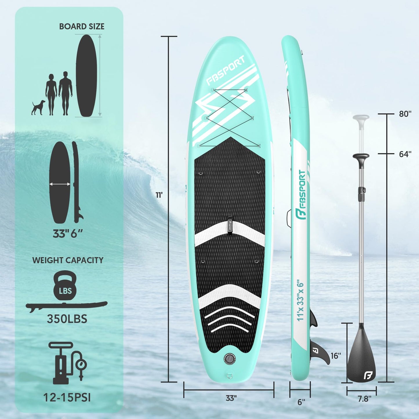 FBSPORT 11' Premium Stand Up Paddle Board, Yoga Board with SUP Accessories & Carry Bag | Wide Stance, Surf Control, Non-Slip Deck, Leash, Paddle and Pump for Youth & Adult (MintGreen)