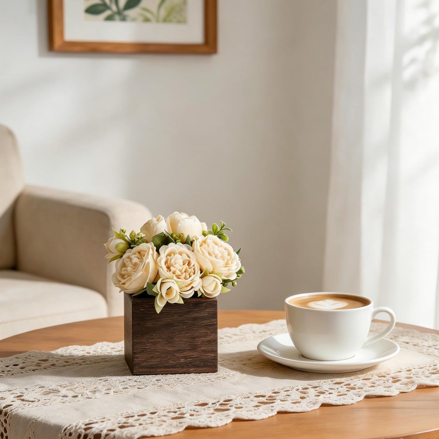 Dahey Small Flower Centerpieces for Tables Set of 3 Artificial Flowers with Wooden Vase Farmhouse Table Decor for Dinning Living Room Kitchen Wedding Party Office Home Decoration