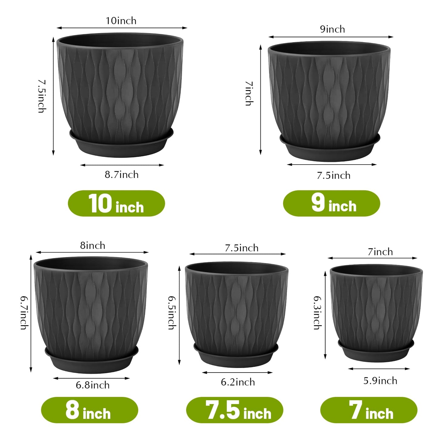 LESOASIS Plastic Plant Pots 10/9/8/7.5/7 inch Set of 5, Flower Planters with Drainage Holes and Saucers, Plastic Pots for Indoor Outdoor Plants, Livingroom Garden Decor (Black)