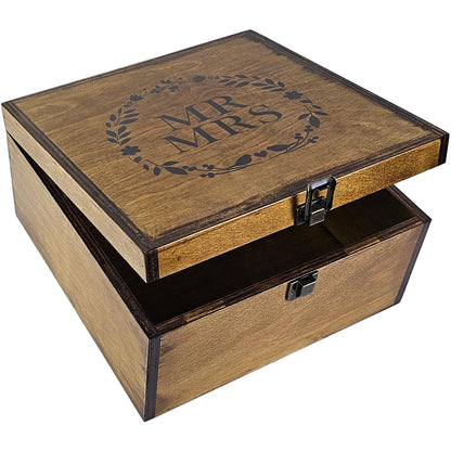 BeeGreeny Large Mr and Mrs Wooden Wedding Keepsake Box for Couples, 10"x10"x5" Wooden Memory Box with Lid, Wedding Gift Box for Bride and Groom, Bridal Shower, Anniversary Valentines Gift Ideas
