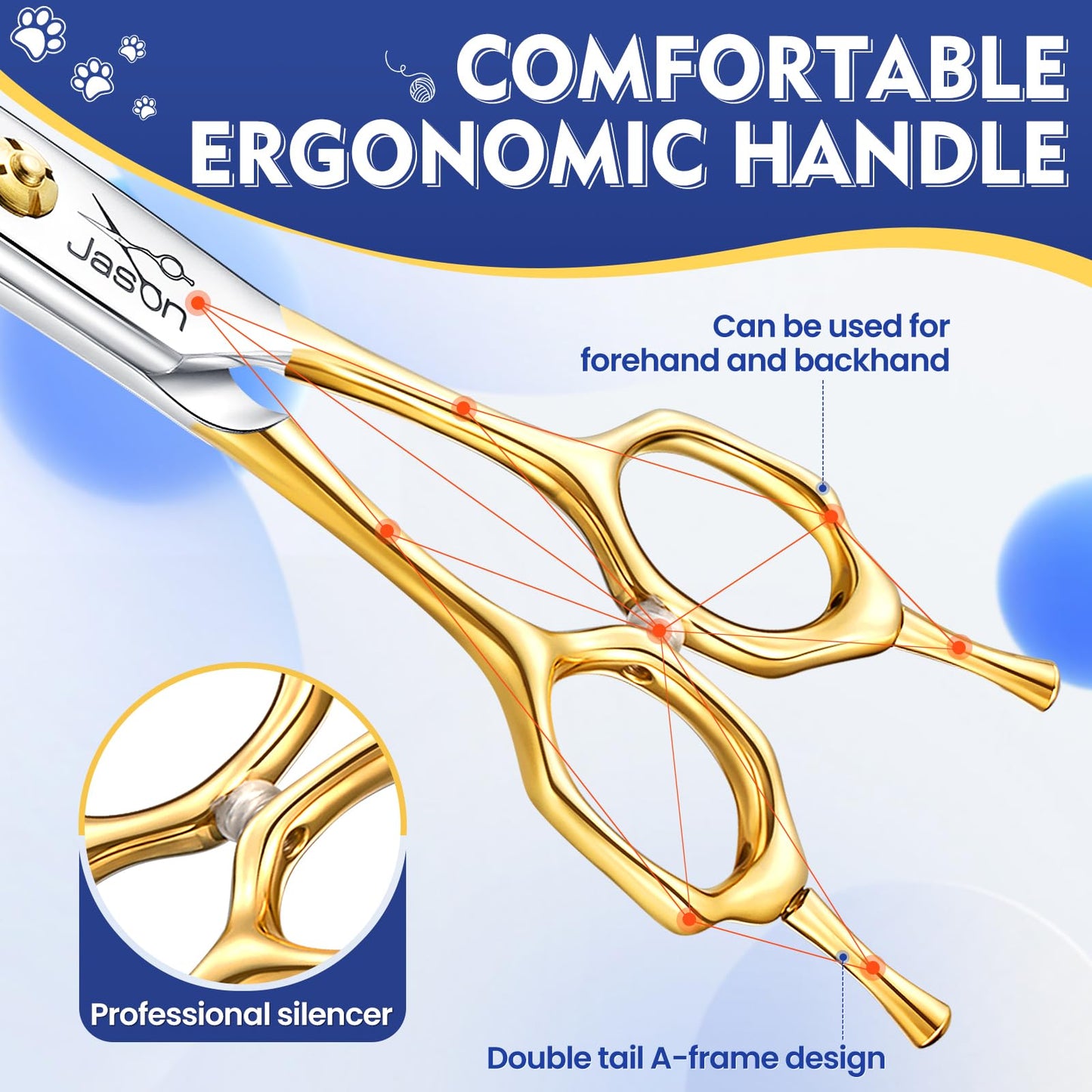Jason 7.5 Inch Curved Thinning Scissors for Dog 43 Teeth Professional Downward Curved Blending Trimming Shears Japanese 440C Stainless Steel Dog Scissors with Symmetrical Handle