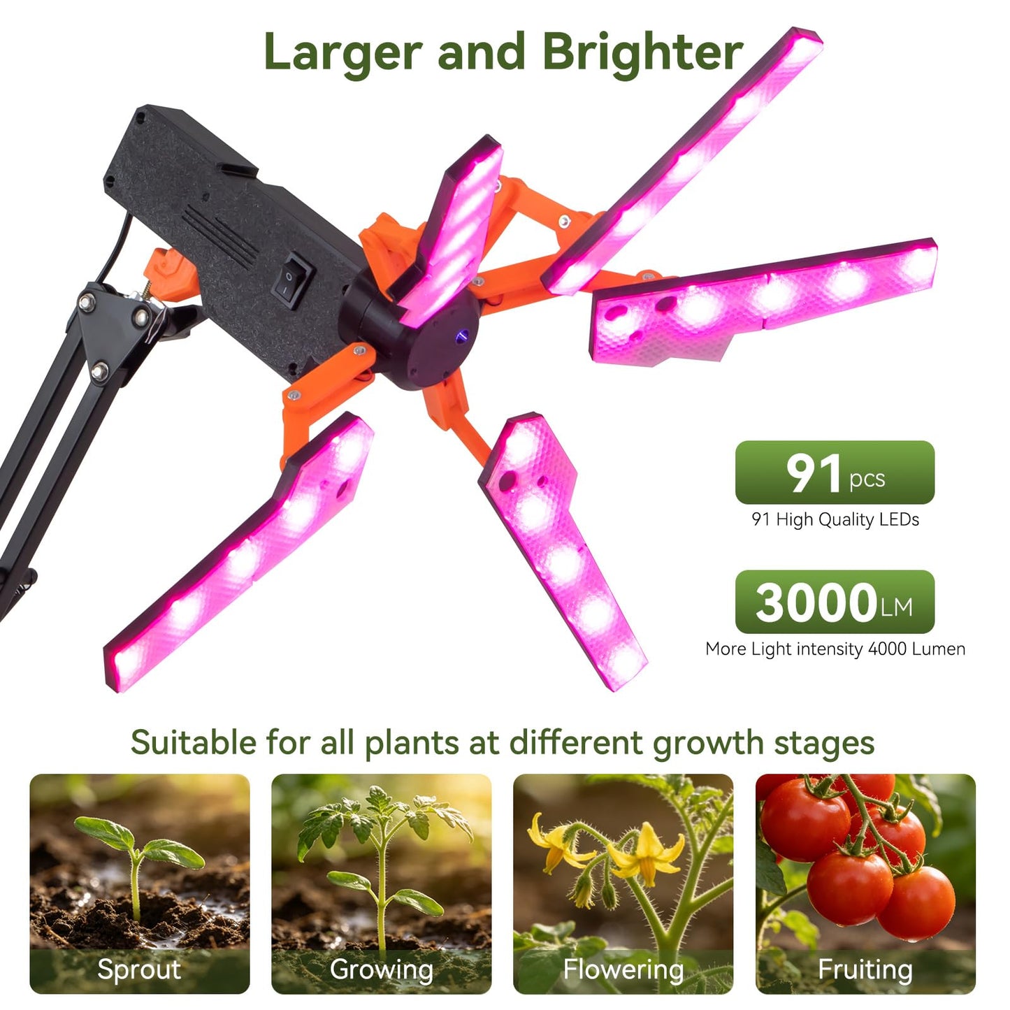 KwatTsz Grow Lights for Indoor Plants, Full Spectrum LED Plant Growing Lamps, 5 Head LED Clip Plant Lights for Seed Growing, Fruiting, 3H/6H/12H Timer, 3 Spectral Modes, 10 Dimmable Levels