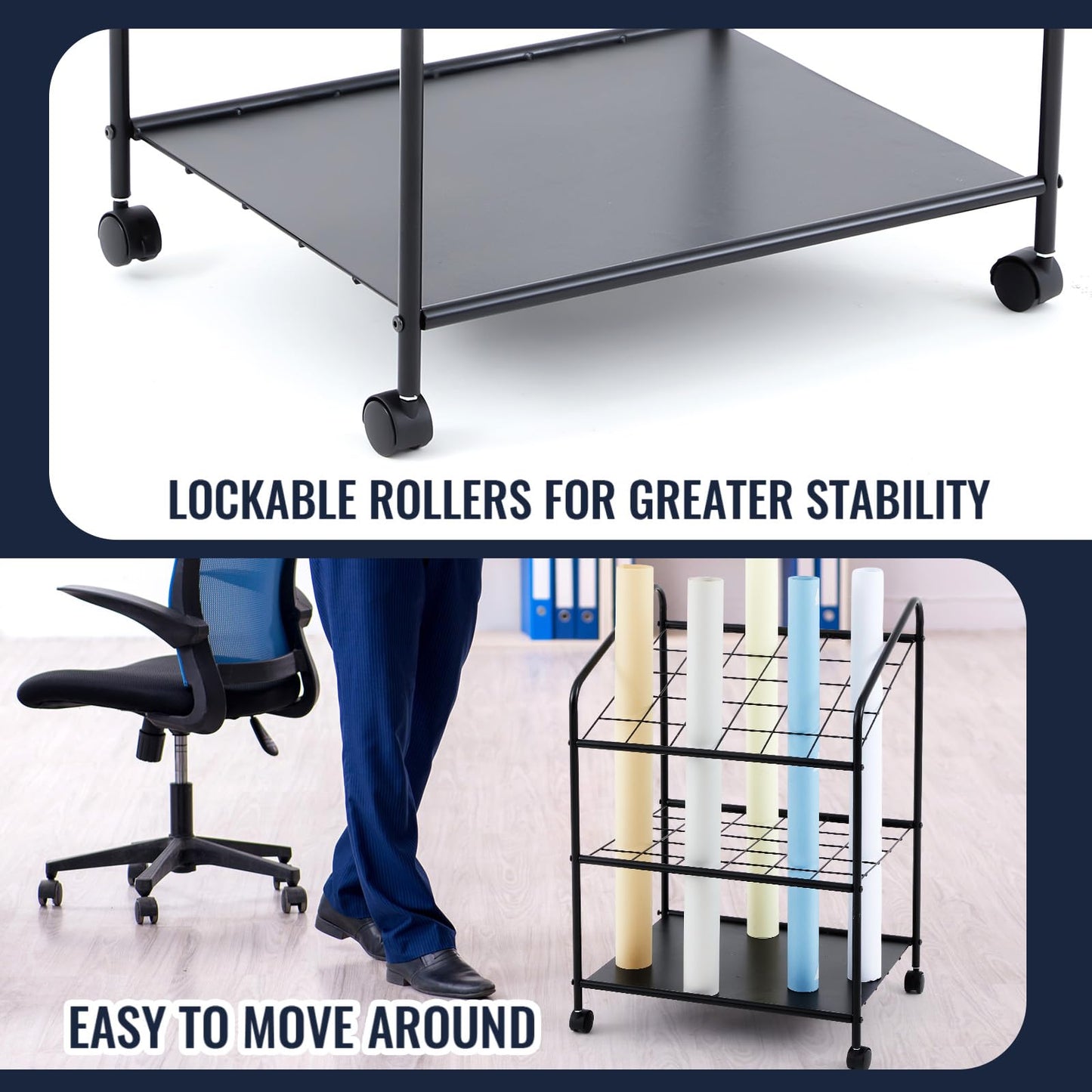 WILLBOND Blueprint Storage Rack Wire Roll File Holder with Wheels Metal Blueprint Storage Bin Cart Paper Holder Cabinet Vertical Tube Poster Organizer (30 Slots, 32.28 x18.11 x22.06 lnch)