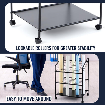 WILLBOND Blueprint Storage Rack Wire Roll File Holder with Wheels Metal Blueprint Storage Bin Cart Paper Holder Cabinet Vertical Tube Poster Organizer (30 Slots, 32.28 x18.11 x22.06 lnch)