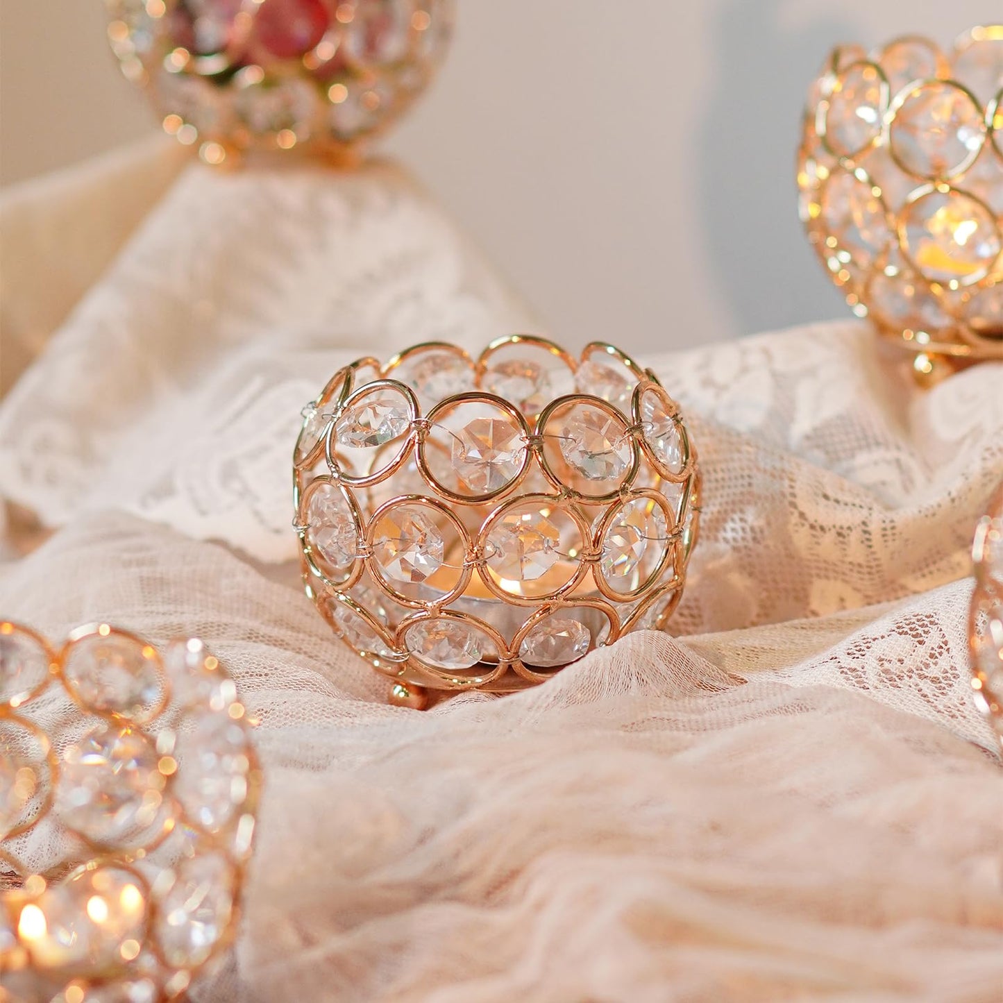 kolnlala 4 Pcs Crystal Tealight Candle Holders for Table Centerpiece,Elegant Wedding Table Centerpiece for Home Decor, Birthday Party, Romantic Events | Giftable Decorative Accent (4, Gold)