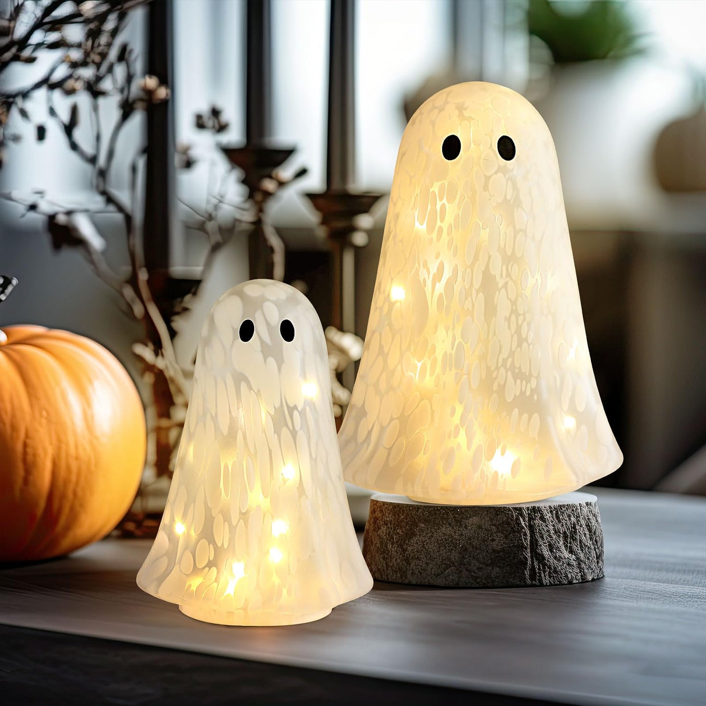 Flutesan 2 Pcs Halloween Confetti Ghost Glass Table Light Set, Cute Glass Ghost Light up for Home Halloween Party Tabletop Kitchen Counter Fireplace Mantle Decoration