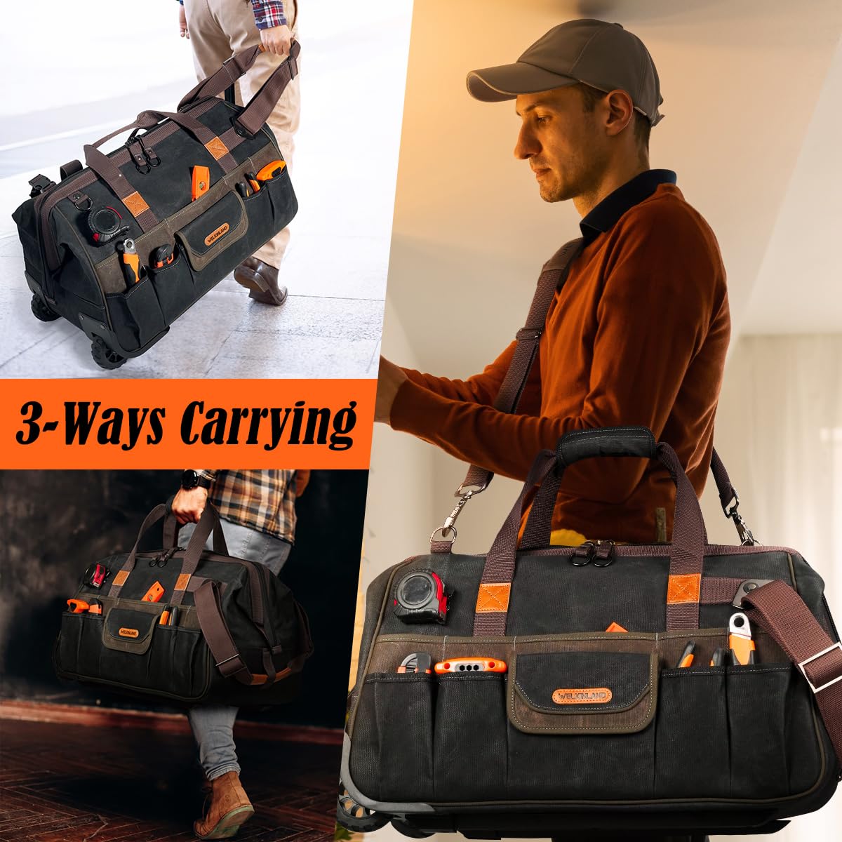 WELKINLAND 48Pockets Tool Bags With Wheels, 22Inch Rolling Tool Bag, Waxed Canvas Tools Bag Rolling Heavy Duty, Large Roll Tote For HVAC, Technician Rolling Tool Bag, Rolling Electrical Tools Bag