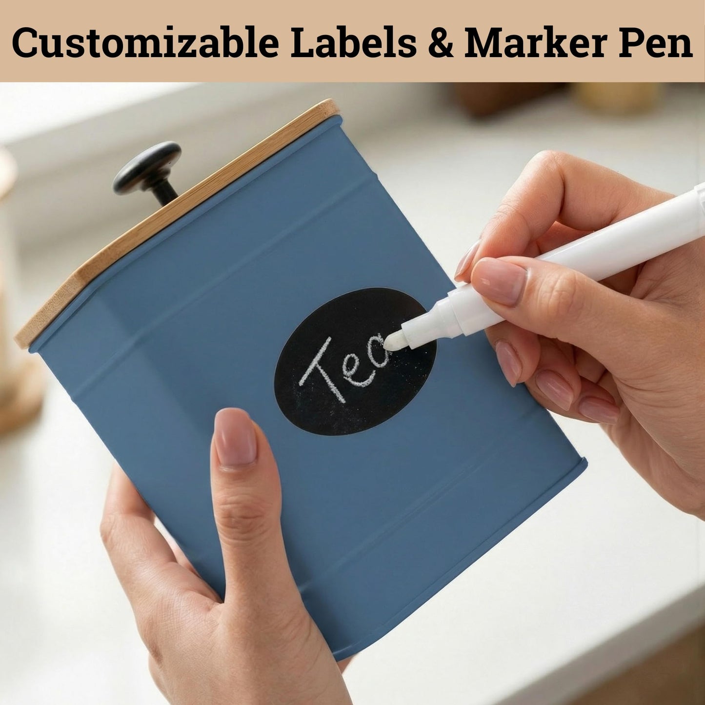 Kitchen Canisters for Countertop Set of 4 with Customizable Chalkboard Labels & Marker Pen - Big Iron Kitchen Canister Set with Airtight Lids - Blue Canisters - Sugar Tea Coffee Containers Sets