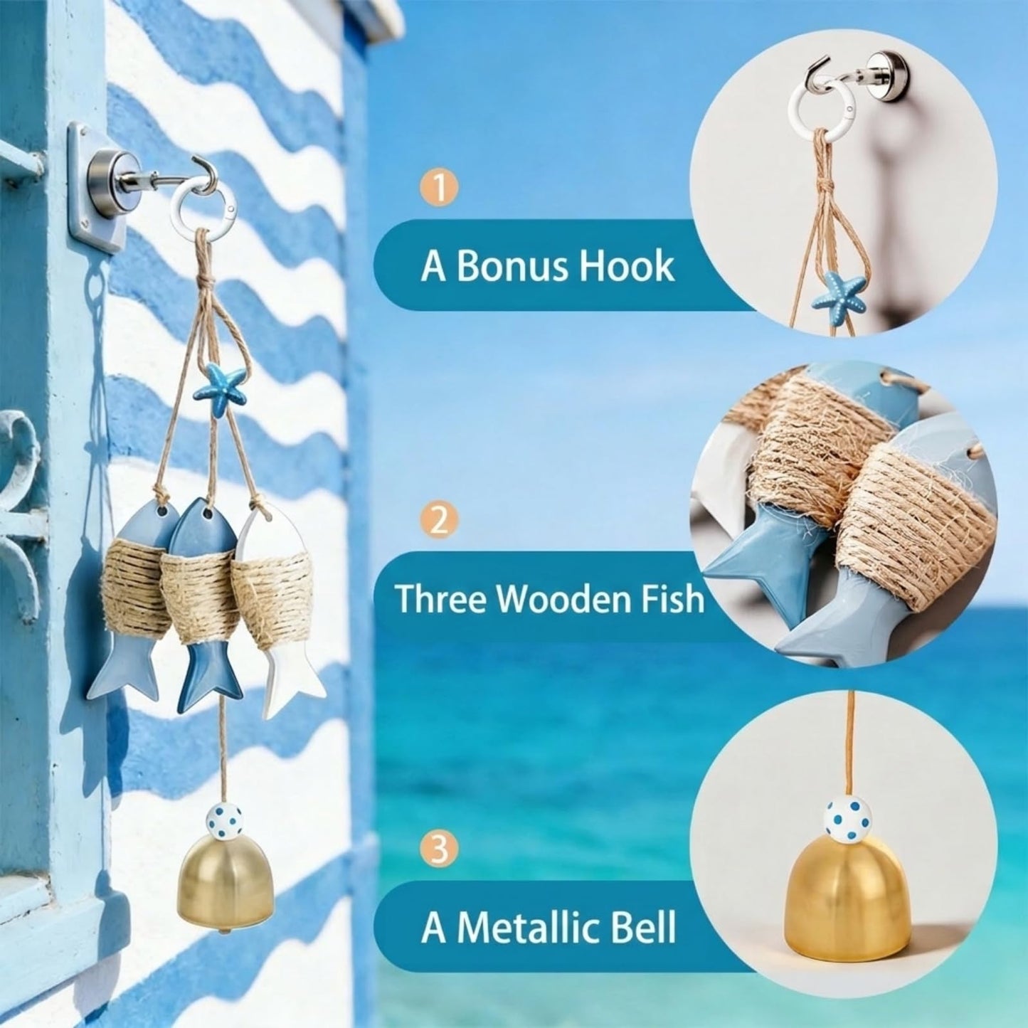 FAMCHAINS Distressed Wooden Fish Wall Decor with Melodic Bell, Nautical Hanging Ornament with Bonus Magnetic Hook, Rustic Beach Theme Art for Lake House Bathroom Garden Porch Decoration