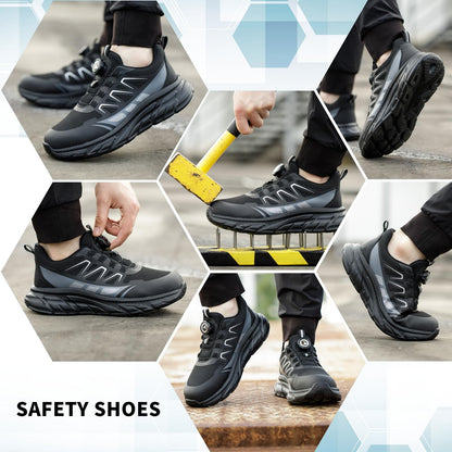 Safety Trainers Men Women Steel Toe Cap Trainers Lightweight Work Safety Shoes Breathable Non Slip Steel Toe Cap Boots Swivel Buckle Shoelaces, Black, 9 UK