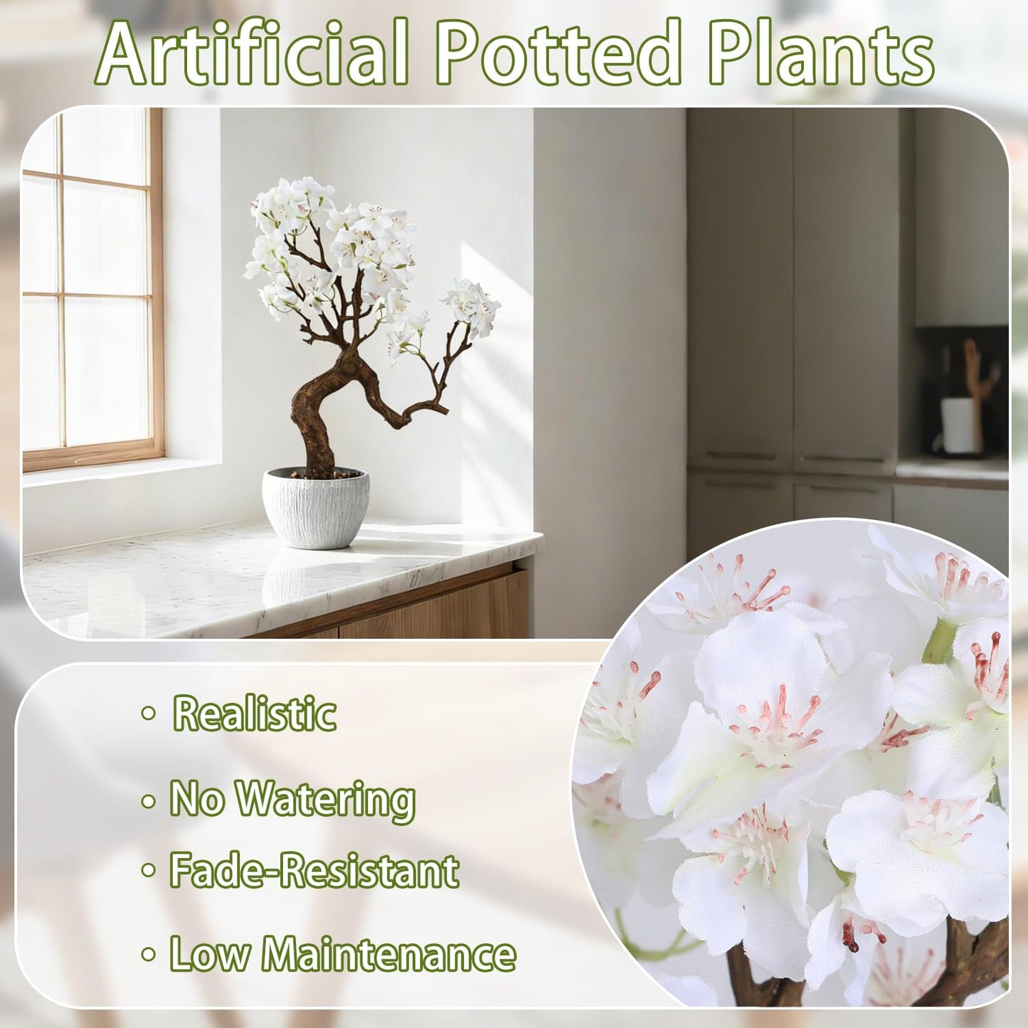 TOARTi Artificial White Cherry Blossom Potted Plant with Stone Pot, 12.2" Tall Fake Flowers Faux Plant Desk Decor, Decorative Plants Indoor Decor for for Home Bedroom Bathroom Office Desk