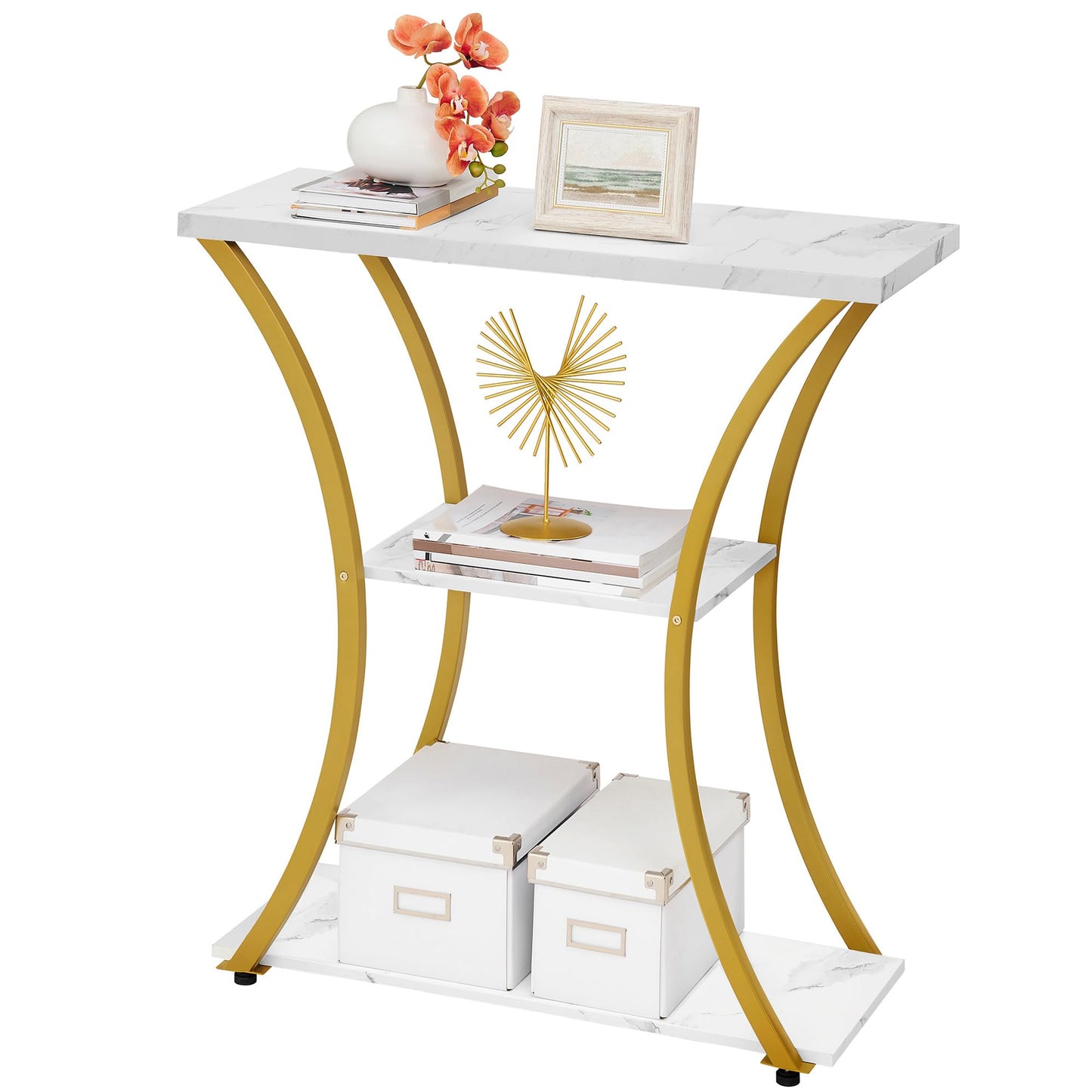 Hoctieon 3 Tier Console Table with Open Wood Shelves, Decorative Entryway Table with Curved Metal Frames, Narrow Sofa Table for Entrance, Living Room, Hallway, Gold and White Marbled