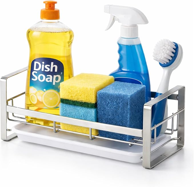 HULISEN Large Sponge Holder, 304 Stainless Steel Kitchen Soap Dispenser Caddy