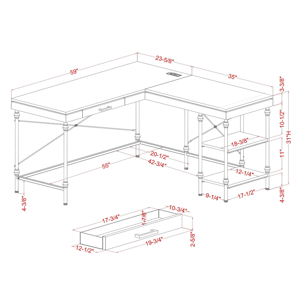 24/7 Shop at Home Monier Farmhouse Metal 2 Shelves Corner Computer Desk with USB Port, Power Outlet, 1 Drawer for Workstation, Home Office, Study Room, Antique Blue