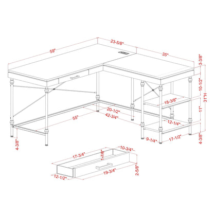 24/7 Shop at Home Monier Farmhouse Metal 2 Shelves Corner Computer Desk with USB Port, Power Outlet, 1 Drawer for Workstation, Home Office, Study Room, Antique Blue