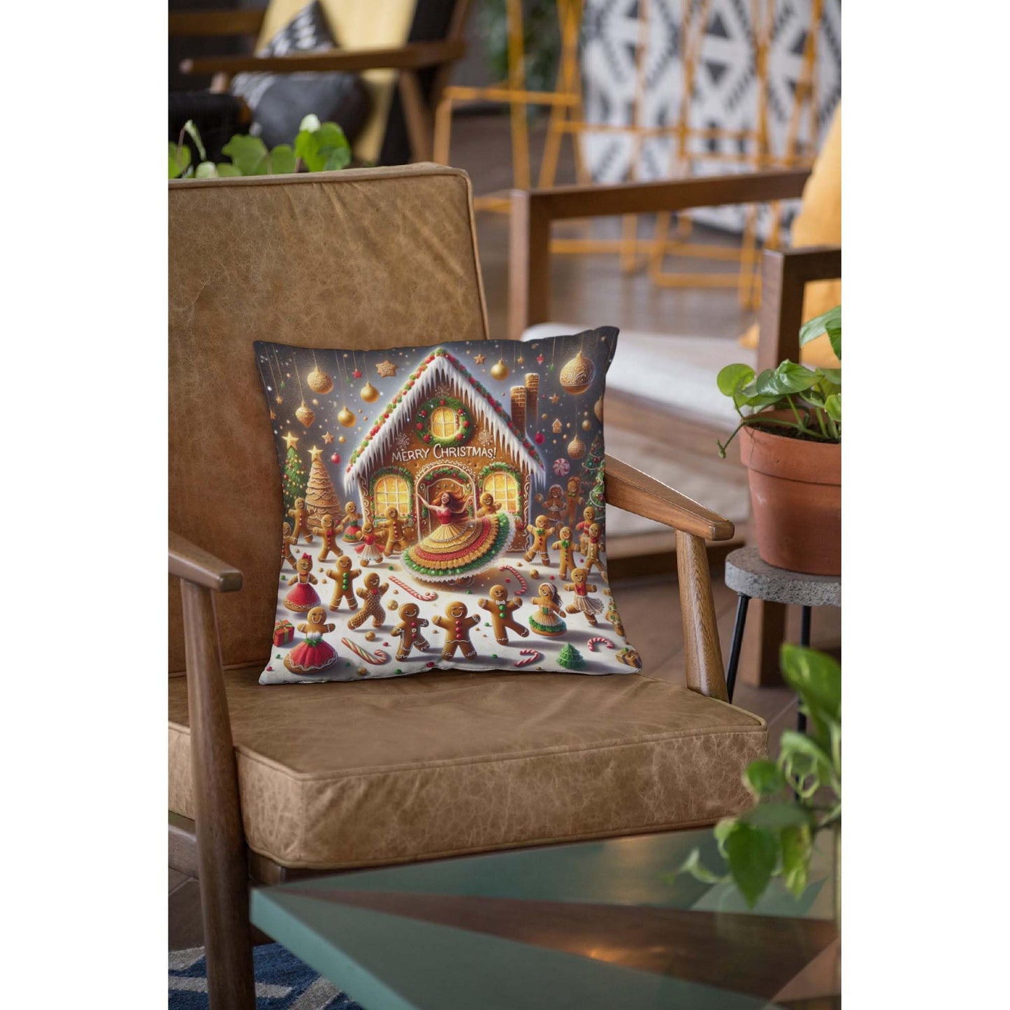 Jiaopenyou Throw Pillow Cover 20x20 Inch,Gingerbread Men in Gingerbread House Dancing with The Words Merry Christmas Throw Pillow Case,Home Decor Cushion Covers for Sofa Living Room Couch Bed