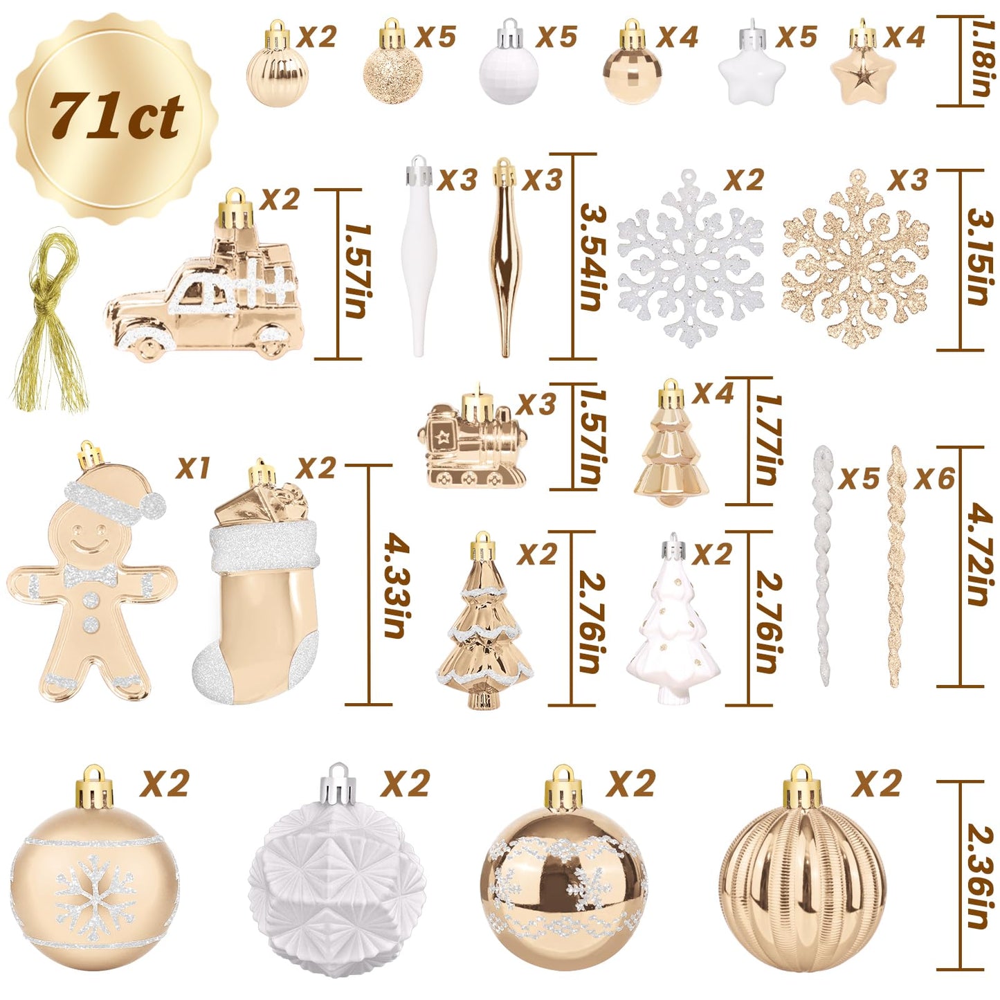 FestiveBliss Christmas Ornaments 71 Count, Christmas Decorations for Tree, 23, Shatterproof Champagne & White Ornaments Christmas