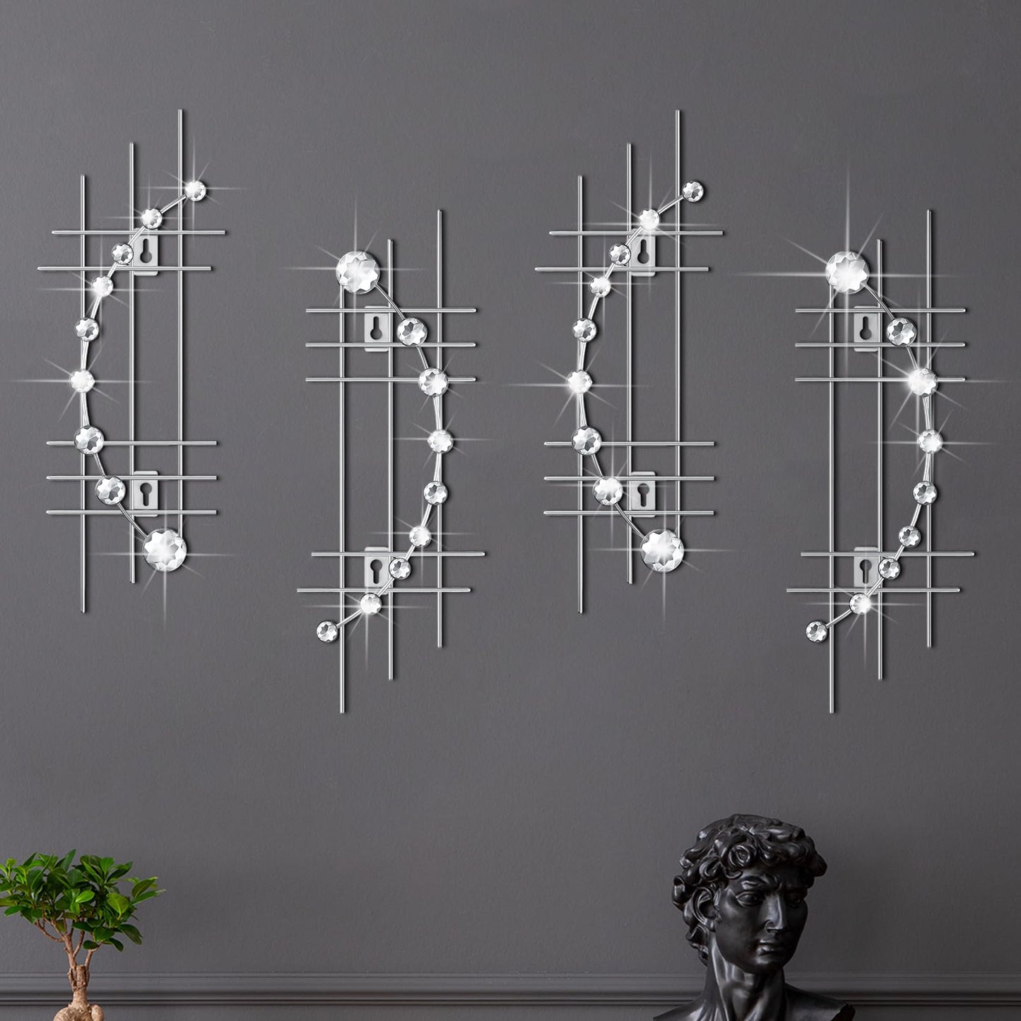 Lingvee 4 Pcs Sliver Metal Rhinestones Wall Decor 3D Silver Jeweled Art Bling Crystal Home Decorative Metal Wall Art for Living Room