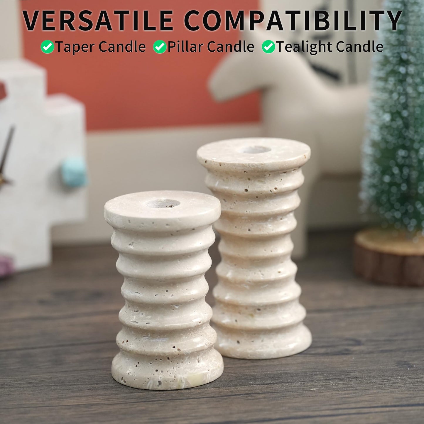 LWALMS Travertine Marble Candlestick Holders - Set of 2 Stone Candle Sticks Holder Decor, Decorative Modern Candle Stands Multi-Purpose for Taper/Pillar/Tealight/Scented Candles