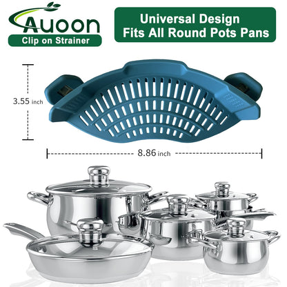 AUOON Clip On Strainer Silicone for All Pots and Pans, Pasta Strainer Clip on Food Strainer for Meat Vegetables Fruit Silicone Kitchen Colander