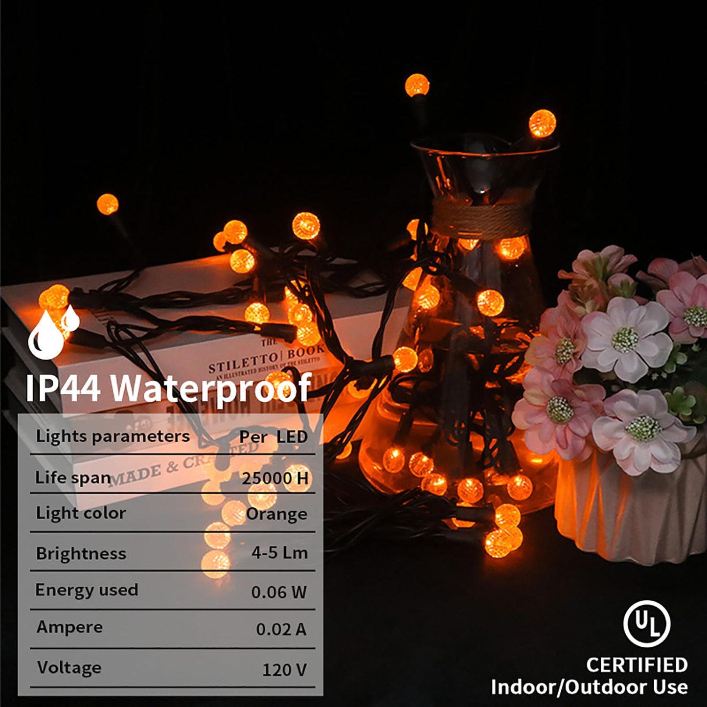 18.6Ft 50 LED Orange Halloween Lights G12 Mini Globe Ball String Lights for Small Tree Crafts Holiday Indoor/Outdoor Christmas Thanksgiving Day Halloween Decorations, UL Certified, Connectable, Orange
