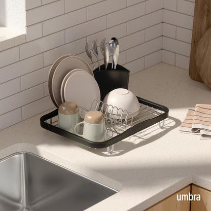 Umbra 330065-744 Sinkin Drying Rack- Dish Drainer Caddy with Removable Cutlery Holder Fits in Sink or on Counter top, Medium, Black/Nickel Kitchen, Silver