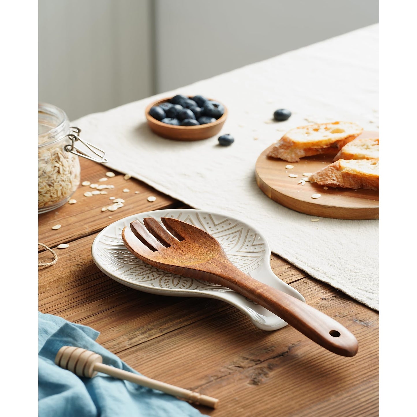 Ceramic Spoon Rest for Stove Top, 7.48 Inches Spoon Holder for Kitchen Counter, Kitchen Counter Decor, Dishwasher Safe, Off-White
