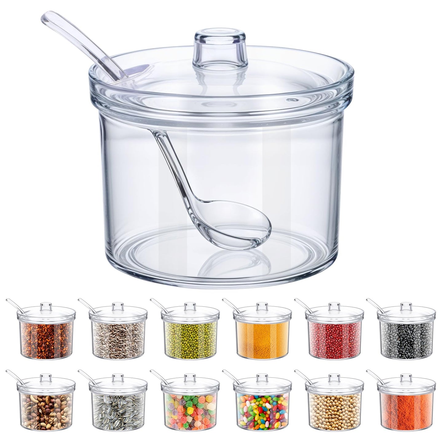 Limbeuuu 12 Pieces Acrylic Sugar Containers with Lids and Spoons for Countertop, Clear Sugar Holder Dispenser Salt Bowl for Serving Condiment Candy Coffee Tea Spices (7.1 oz)