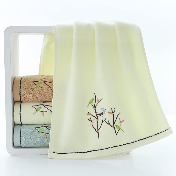 Pidada Bath Hand Towel Set of 3 Embroidered Bird Tree Pattern 100% Cotton Soft