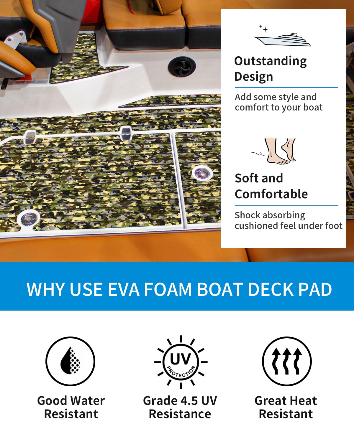 OCEANBROAD Self-Adhesive 96''x47'' Camouflage Boat Flooring Strip Cut Grooves EVA Foam Sheet Non-Slip Traction Pad for Boats Decking Surfboard SUP Paddle Board Kayak, Camo Green