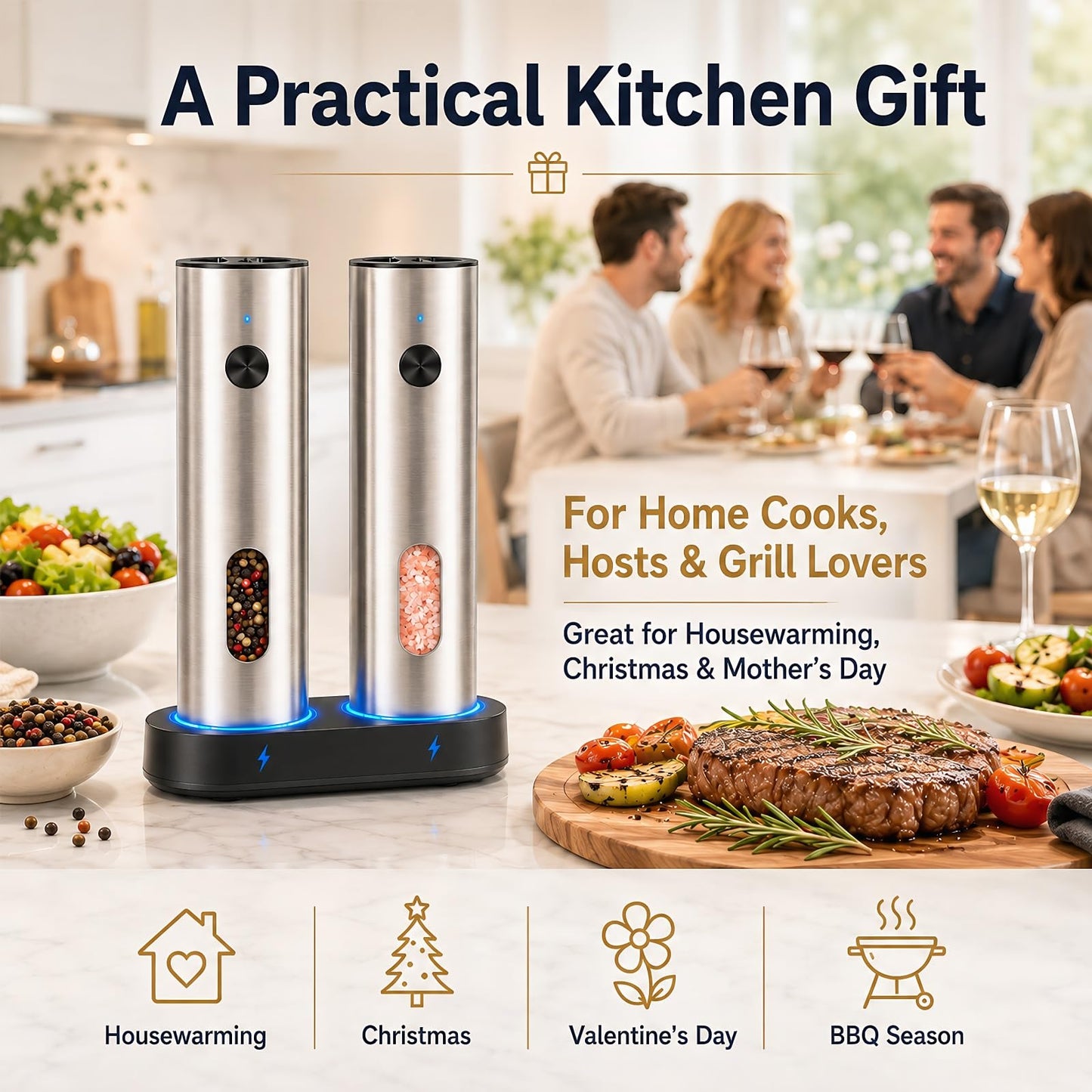 TeSabMi Electric Salt and Pepper Grinder Set, Rechargeable with USB C Charging Base, 110ml Large Capacity, 5-Level Adjustable Coarseness, Stainless Steel, LED Light, Automatic