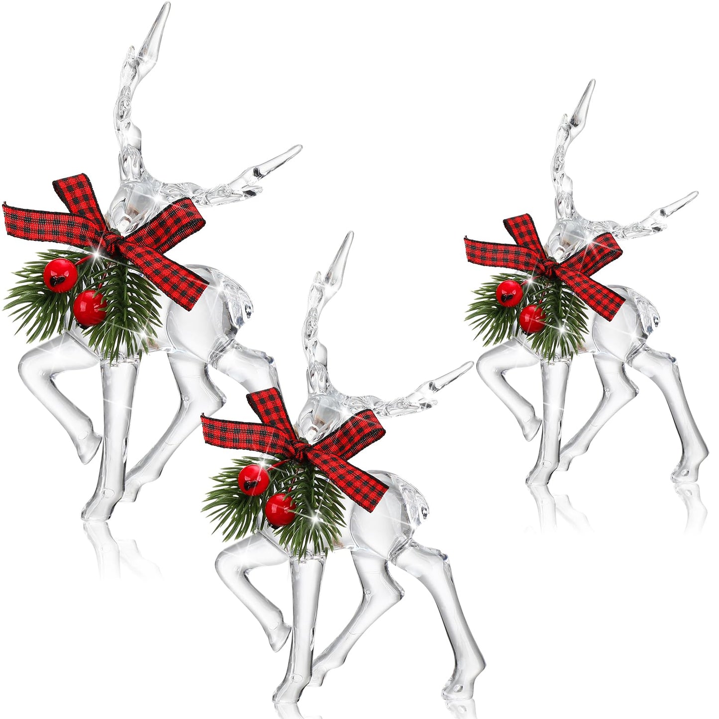 Jenaai 3 Pcs Christmas Reindeer Figurine Acrylic Reindeer Desk Decorations Deer Figurine Christmas Centerpieces for Tables with Green Pine Needle and Red Berries for Party Supplies