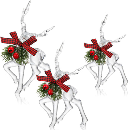 Jenaai 3 Pcs Christmas Reindeer Figurine Acrylic Reindeer Desk Decorations Deer Figurine Christmas Centerpieces for Tables with Green Pine Needle and Red Berries for Party Supplies
