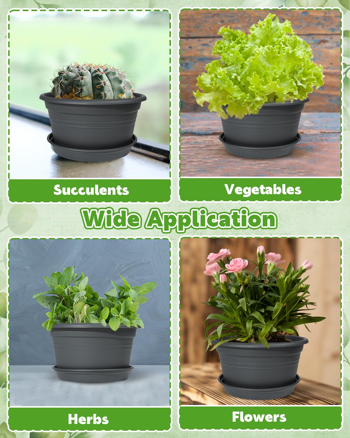 VIDELLY 10 Inch Gray Flower Pots 4-Pack, Plastic Planters with Drainage Hole & Tray, Indoor Outdoor Plant Pots for House Plants, Garden, Patio, Office Home Decor – Modern Decorative Plant Containers