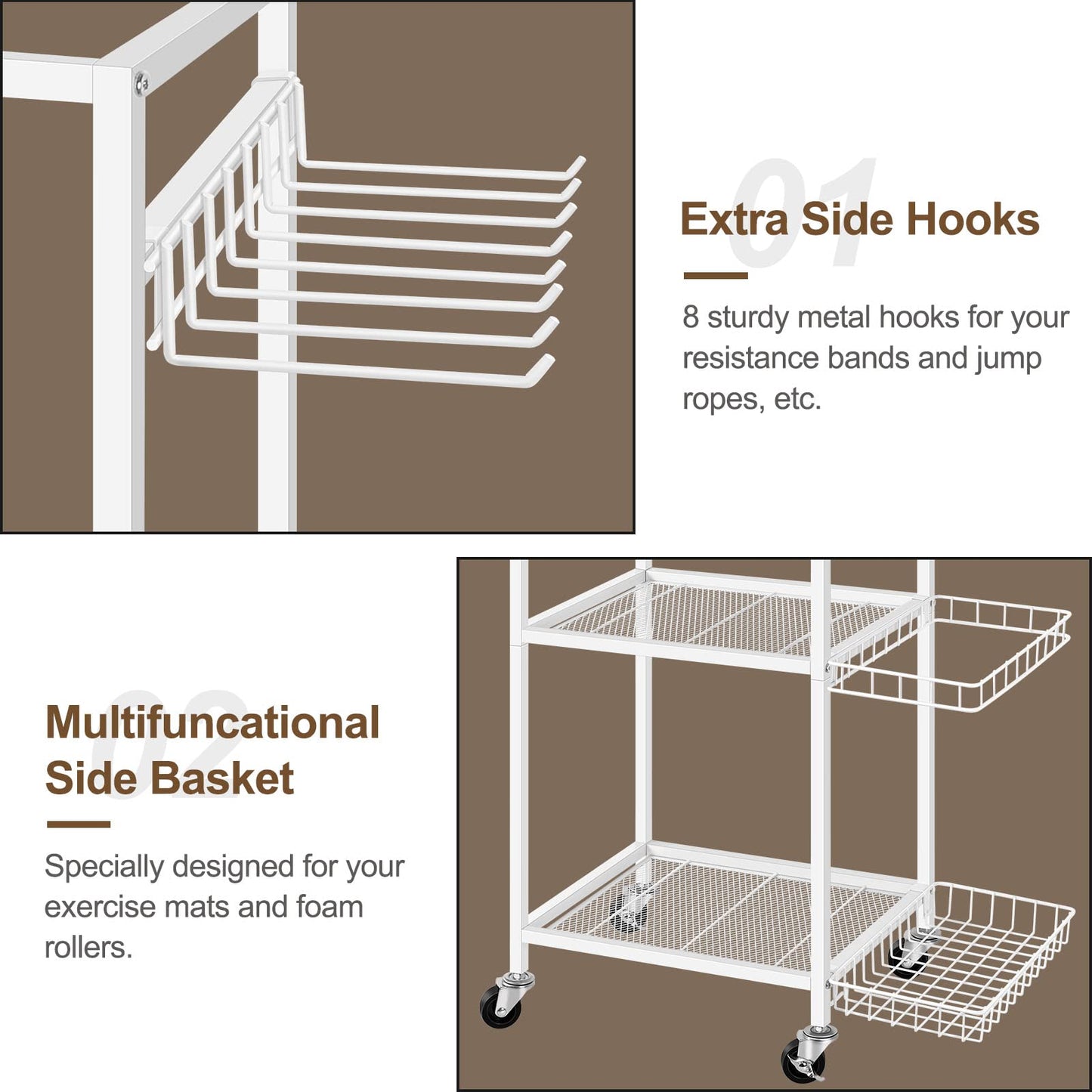 Weight Rack for Dumbbells Yoga Mat Storage Rack Home Gym Equipment Storage Rack Workout Equipment Storage Cart with Hooks for Yoga Mats, Dumbbells, Kettlebells, and Resistance Bands, White
