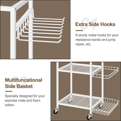 Weight Rack for Dumbbells Yoga Mat Storage Rack Home Gym Equipment Storage Rack Workout Equipment Storage Cart with Hooks for Yoga Mats, Dumbbells, Kettlebells, and Resistance Bands, White