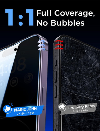 MAGIC JOHN 2 Pack for iPhone 14 Pro Privacy Screen Protector 6.1 inch[Not Max], Tempered Glass, Auto Dust-Elimination Installation, Bubble Free, Anti Scratch, Case Friendly