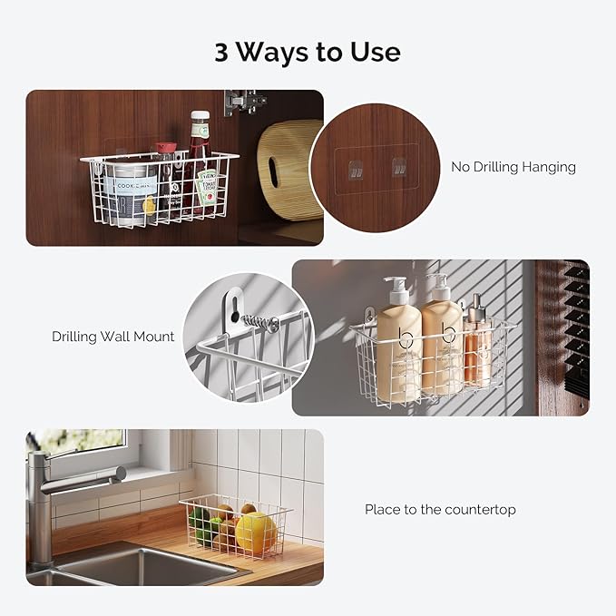 MaraFansie Hanging Kitchen Baskets Wire Storage Basket Adhesive and Screws