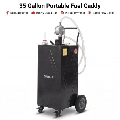 GarveeTech 35 Gallon Fuel Caddy with Manual Pump, Portable Fuel Transfer Tank on Wheels, Heavy Duty Gasoline & Diesel Storage Container for Trucks, Boats, ATVs, Lawn Mowers, Farm Equipment - Black