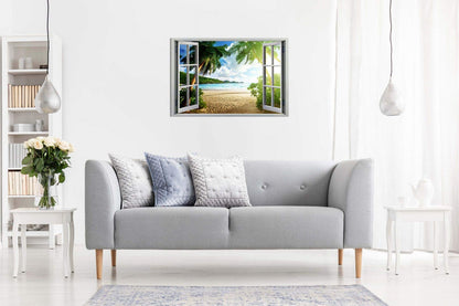3D Sunset Beach View Window Canvas Wall Art Picture Print 36 x 24 Inches