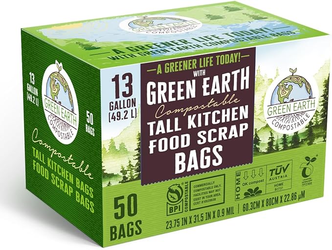 Green Earth Compostable Tall Kitchen Food Scrap Trash Bags, Superior Strength