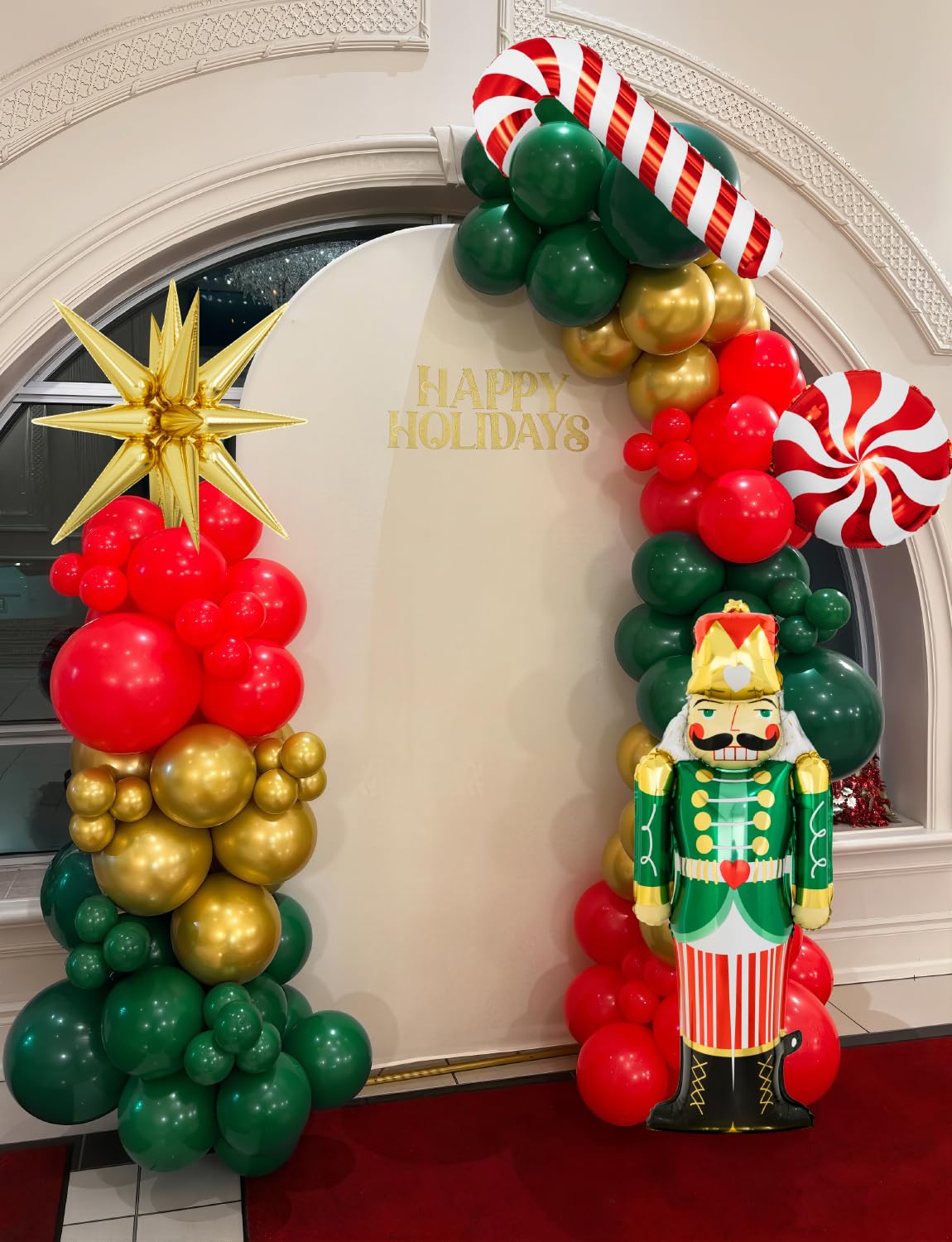 Adeyoo Christmas Balloon Arch Kit Garland - Red Green Gold Christma Balloons with Nutcracker Candy Cane Exploding Star Foil Balloons Xmas Balloon for Xmas Birthday New Year Party Decorations